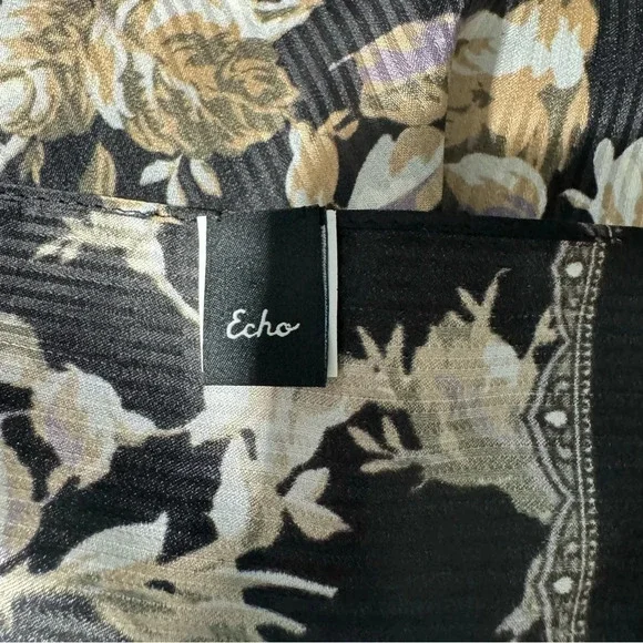Vintage Echo Silk Scarf Black with Beige Tan and Purple Flowers 59” by 10” - Picture 4 of 7